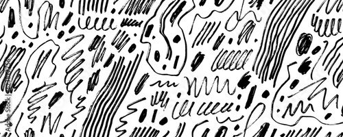 Seamless pattern with childish pen scribbles, charcoal squiggles. Creative abstract squiggle style drawing background. Childish rough crayon strokes. Hand drawn marker scribbles seamless pattern.