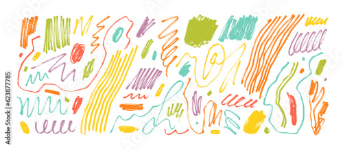 Multi colored fun line doodle, squiggles and scribbles set. Abstract squiggle style drawings, hand drawn marker scribbles. Vector colorful pencil sketches, charcoal lines. Childish rough crayon stroke
