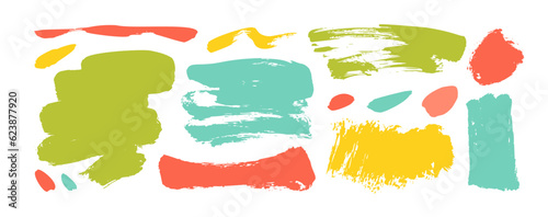Collection multi colored thick vector brush strokes. Colorful marker strokes and bold shapes isolated on white. Hand drawn abstract grunge shapes. Abstract modern trendy elements with grunge texture.