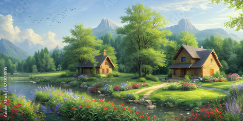 Panorama summer village assortment blooming flowers with green foliage of trees. Wonderful place environment. Fantasy Realistic Environment
