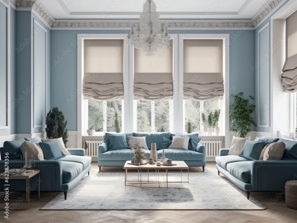 Naklejka premium The interior design of the modern living room with beige and blue sofas generative ai