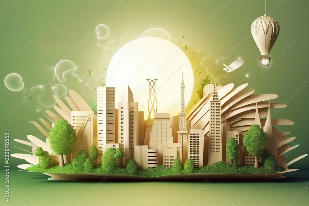 light bulb with green eco city. Generative AI illustration.