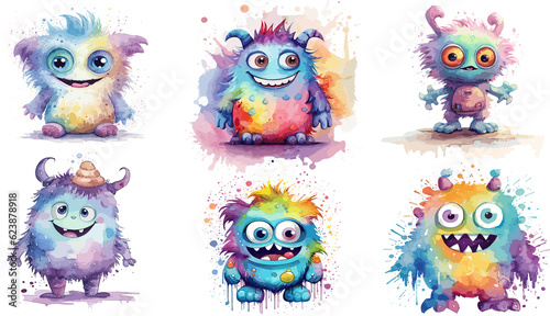 Title: Cute Funny Monster Watercolor Illustration. Baby monster clipart