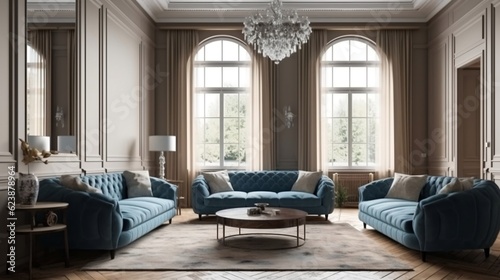 The interior design of the modern living room with beige and blue sofas generative ai