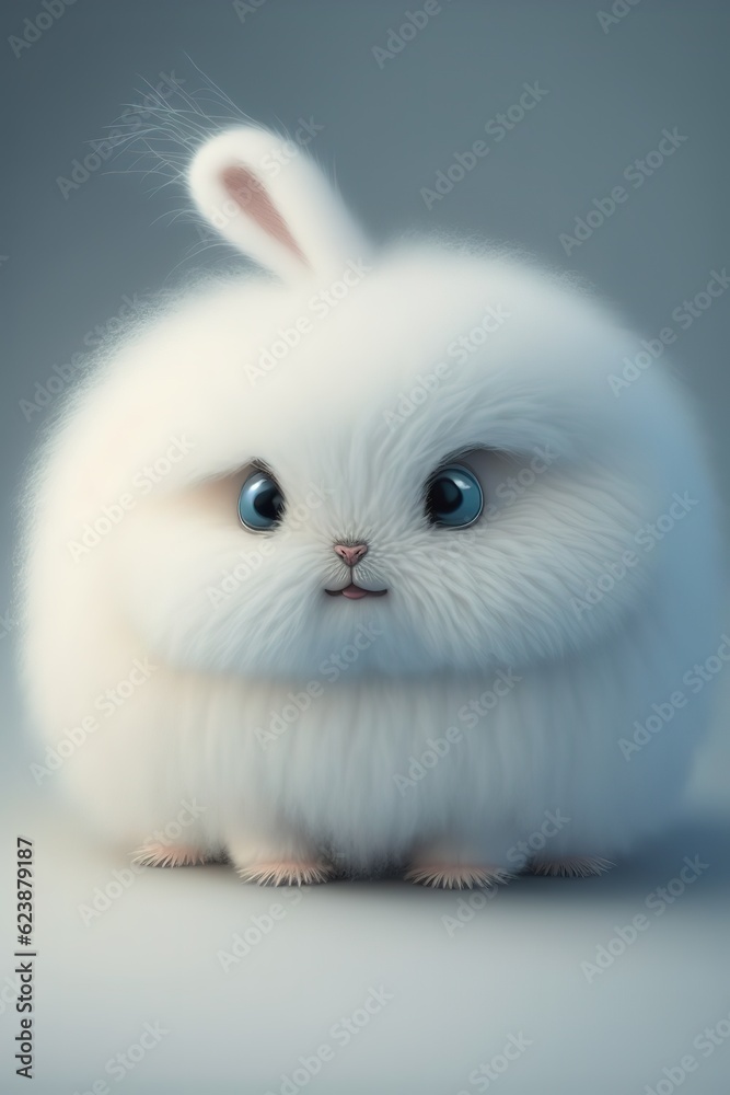 Super cute baby 3d style white fairy Rabbit, shiny white fluffy fluff, bright big eyes, fluffy tail, wearing red sweater, Wearing a red hat, smile, exquisite and exquisite. Generative Ai.