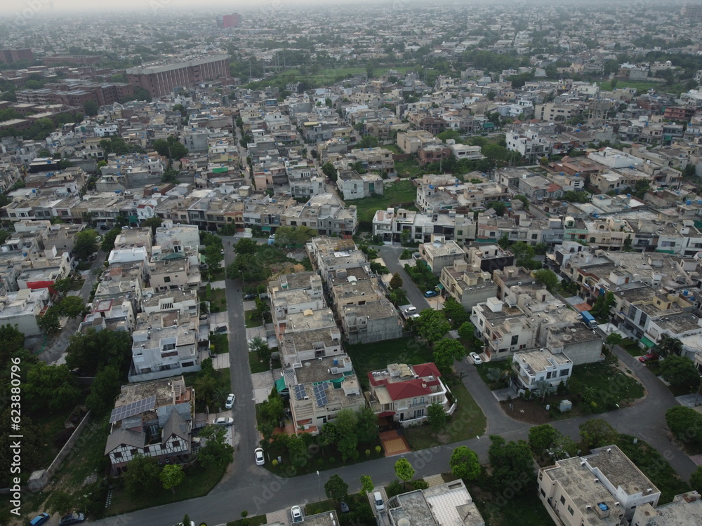 Non edited original high angle view of residential area with drone of cantt Lahore, Pakistan.