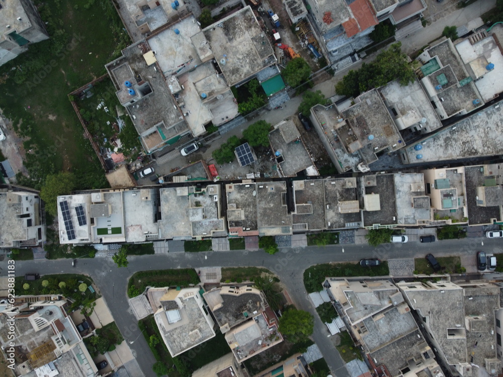 Non edited original high angle view of residential area with drone of cantt Lahore, Pakistan.