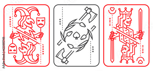 Set of playing card king, joker, ace. Vector illustration. Esoteric, magic Royal playing card king, joker, ace design collection. Line art minimalist style