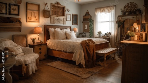 Bedroom decor, home interior design . Artisanal Shabby Chic style with Gallery Wall decorated with Wood and Burlap material . Generative AI AIG26. photo