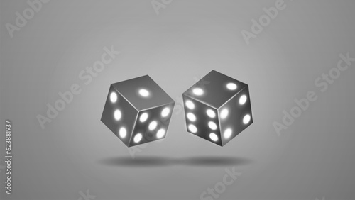 Black and white neon bright dice for poker and casino games on a light background.