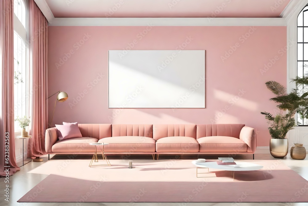 Step into a living room interior that exudes elegance and creativity, featuring an empty wall with a horizontal poster mockup. Ai generated Step into a living room interior that exudes elegance and creativity, featuring an empty wall with a horizontal poster mockup. Ai generated