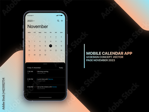 Mobile App Calendar November 2023 Page with To Do List and Tasks Vector UI UX Design Concept on Isolated Photo Realistic Smart Phone Screen Mockup. Smartphone Business Planner Application Template