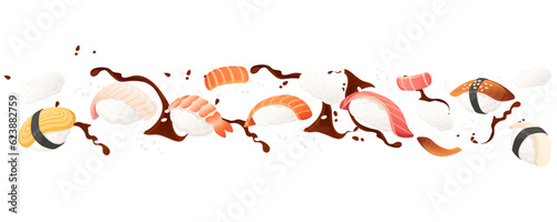 Sushi roll japan street fast food with seafood and rice salmon and cheese vector illustration on white background © An-Maler