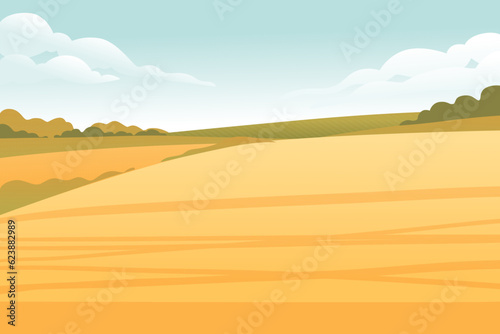 Rural landscape with wheat fields and green hills with blue clear sky on background vector illustration