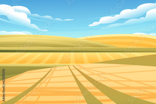 Rural landscape with wheat fields and green hills with blue clear sky on background vector illustration