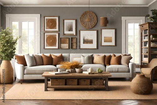 Immerse yourself in the warmth and charm of a farmhouse living room interior, adorned with a mockup frame that becomes the centrepiece of attention.AI generated