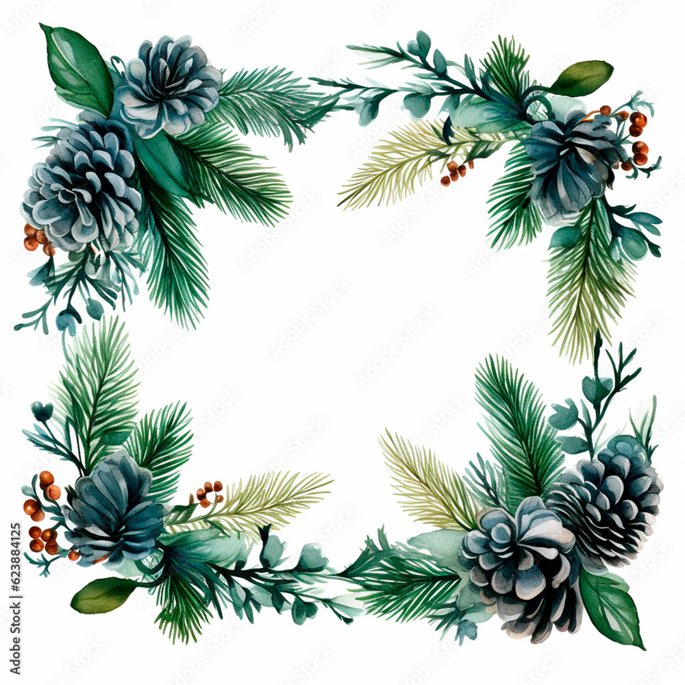Naklejka premium Christmas botanical wreathe floral border watercolor isolated illustration. AI generative