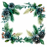 Christmas botanical wreathe floral border watercolor isolated illustration. AI generative