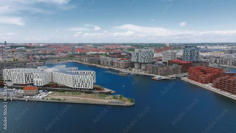Aerial panorama of Indre Osterbro, Nordhavnen districts. New modern district in Copenhagen, Denmark. Beautiful modern buildings, Portland Towers and UN. Aerial panorama of Indre Osterbro, Nordhavnen districts. New modern district in Copenhagen, Denmark. Beautiful modern buildings, Portland Towers and UN.