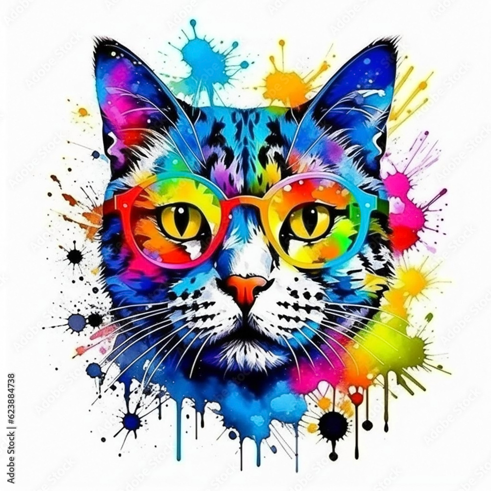 Colored cat muzzle in eyeglasses with paint splash on white background.T-shirt painted print for design.Generative AI