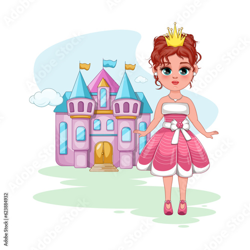 Enchanting Princess. Vector Illustration of a Girl in a Beautiful Dress with a Crown, Standing by the Castle
