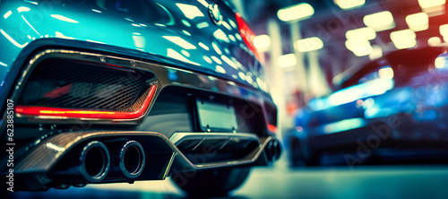 Fotografering Close up of stainless steel exhaust tip muffler pipe of sports car, bokeh car showroom on background
