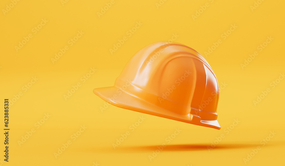 Fototapeta premium Yellow builders hard hat head protection on a yellow background. 3D Rendering