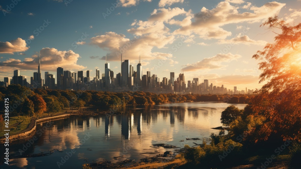 A long shot of a city skyline, bathed in the warm glow of sunset