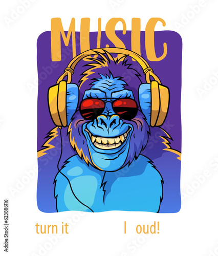 Smiling gorilla in headphones and sunglasses, vector illustration