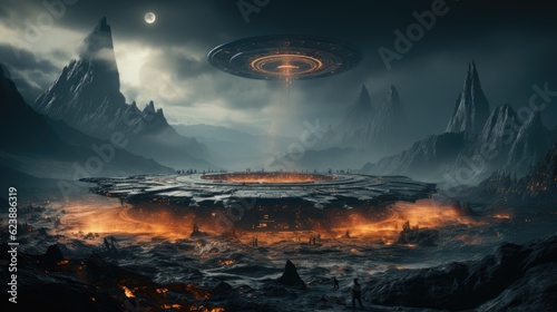 Fototapeta Naklejka Na Ścianę i Meble -  A wide shot of a spaceship landing on a planet. The spaceship is large and imposing, and it looks like it could be from another world.