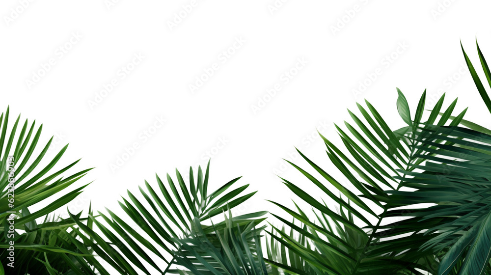 Fototapeta premium Palm tree branches and its shadow on a white background. Tropical background.. AI Generation