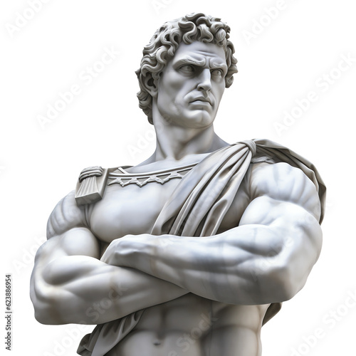 Marble statue sculpture crossed arms powerful triumphant pose isolated - Generative AI
