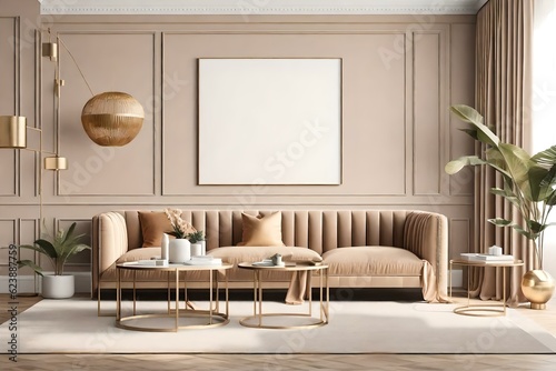 Step into a living room interior that exudes elegance and creativity, featuring an empty wall with a horizontal poster mockup. Ai generated