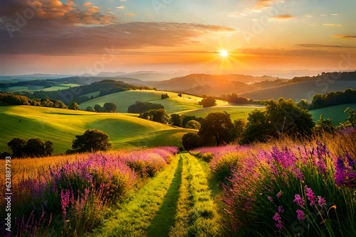 Beautiful landscape with green hills, colorful meadow and sunset sky