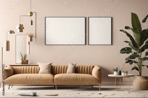 Step into a living room interior that exudes elegance and creativity, featuring an empty wall with a horizontal poster mockup. Ai generated