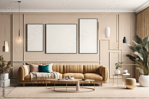 Step into a living room interior that exudes elegance and creativity, featuring an empty wall with a horizontal poster mockup. Ai generated