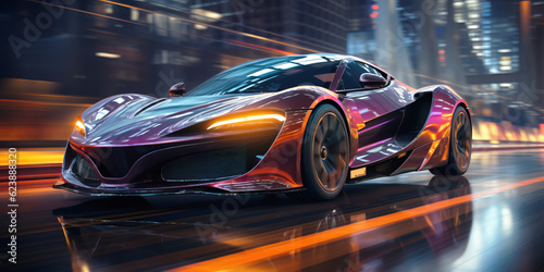 Futuristic Sports Car On Neon Highway. Powerful acceleration of a supercar with colorful lights trails.