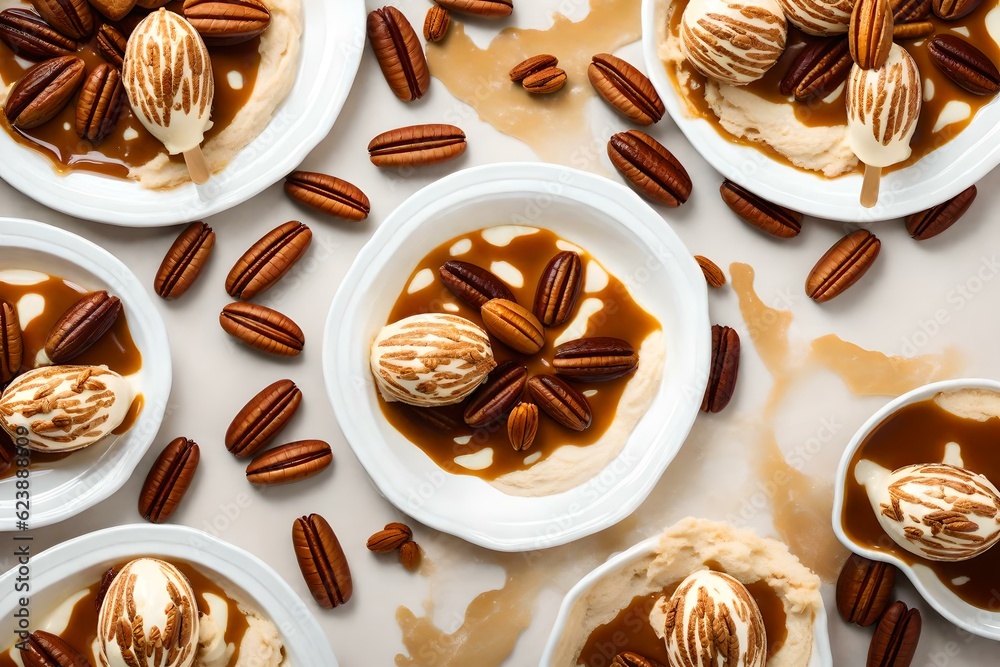 Vanilla ice cream with caramel sauces crowned with pecans. Generative AI image. Ai generated Vanilla ice cream with caramel sauces crowned with pecans. Generative AI image. Ai generated