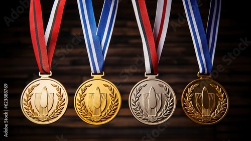 Silver, gold and bronze medals in the air, winner's medals. Created with Generative Ai technology.