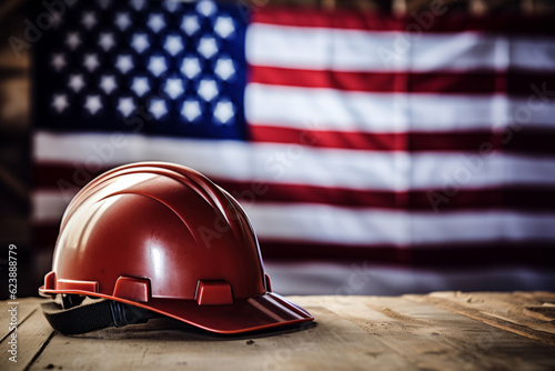 American labor day background. Stars and stripes flag with a builders hard hat