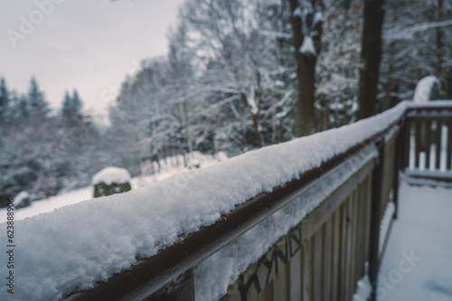 A layer of snow on the railing