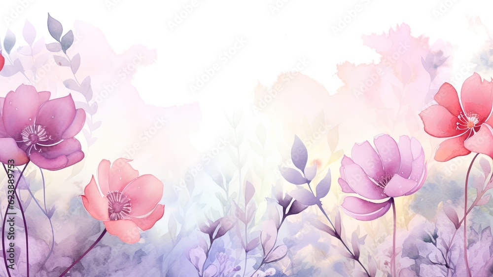 Watercolor flowers. Web banner with copy space. Generative AI