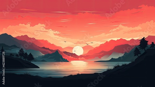 Sunset illustration. Web banner with copy space. Generative AI