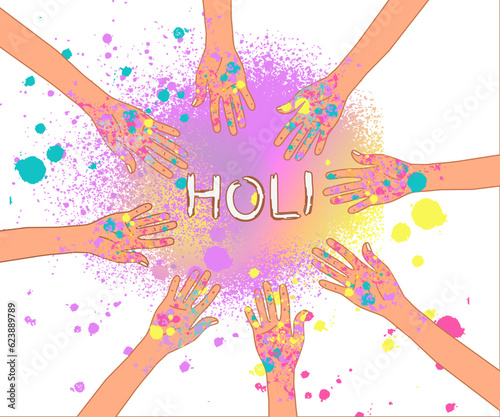 Poster festival happy holi with white background and white hands skin