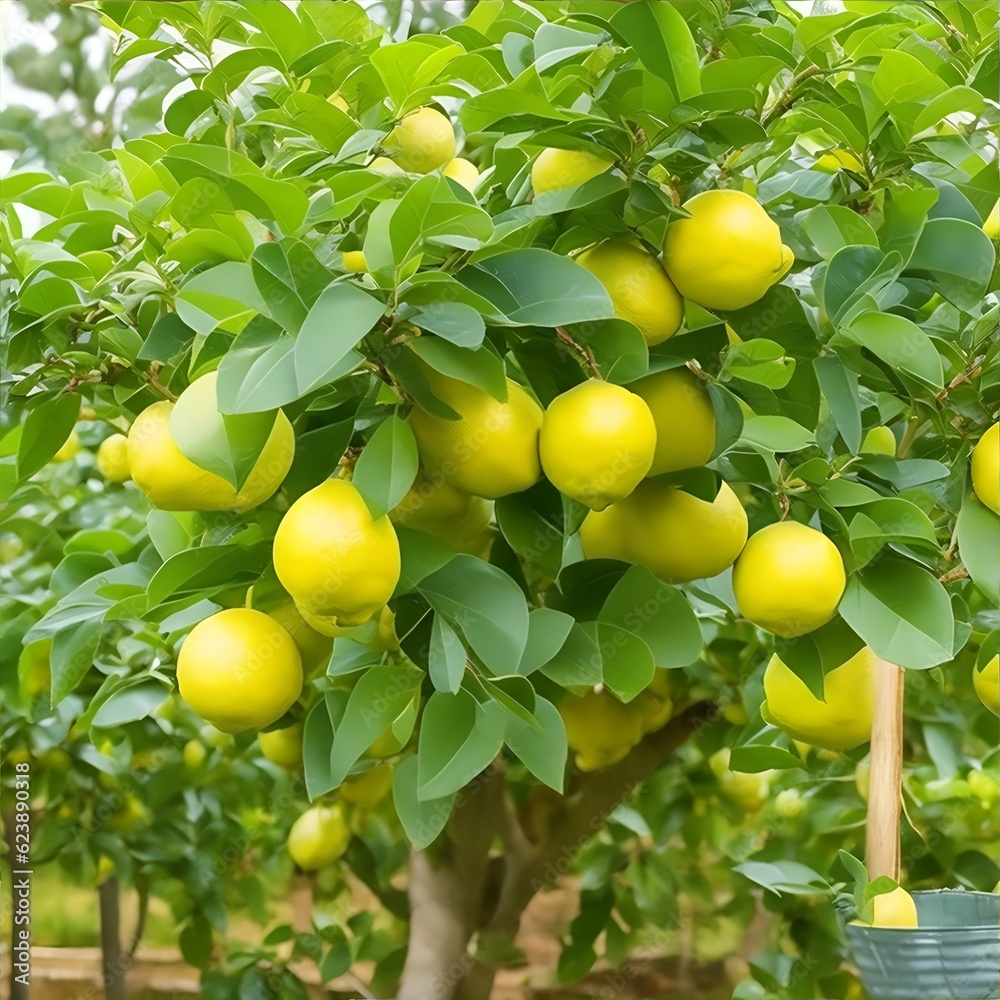 Lemon fruit on a tree. Photorealistic illustration generated by AI.