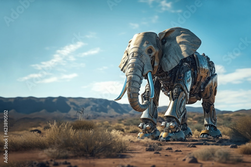 Elephant robot in the nature. Generative AI art © Drpixel