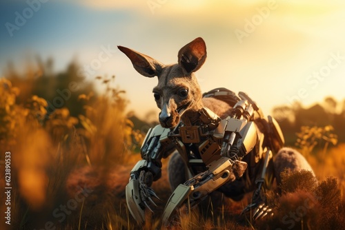 Robot kangaroo in the nature. Generative AI art © Drpixel