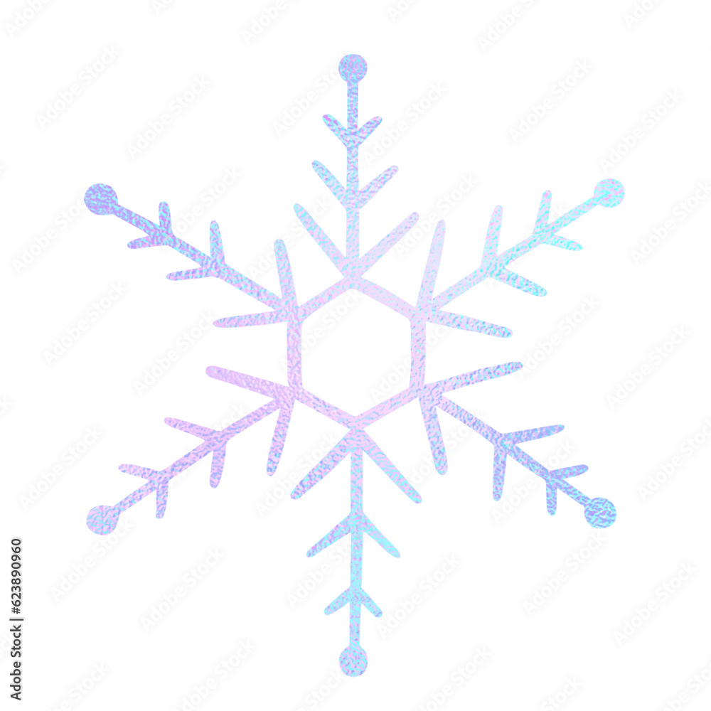 Snowflake hand drawn. Cute neon snow isolated on white background. Drawing ice crystal for design winter print. Abstract shine holographic icon. Gloss star with metal effect. Vector illustration Snowflake hand drawn. Cute neon snow isolated on white background. Drawing ice crystal for design winter print. Abstract shine holographic icon. Gloss star with metal effect. Vector illustration