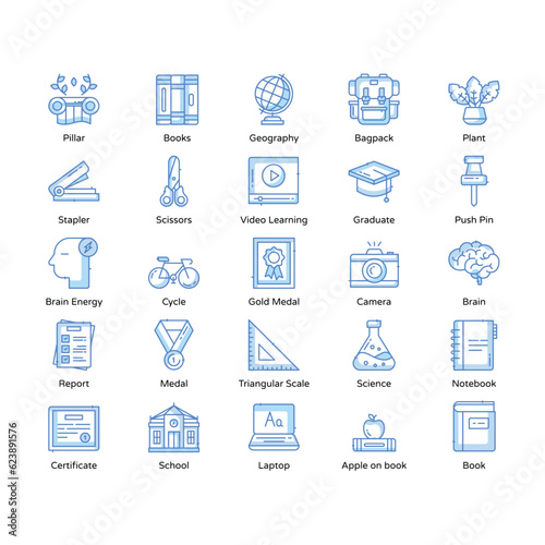 School and Education icons set, school icons, education icons, online education, e-learning, back to school, book, pencil, collage, university, academy, home education, school elements, 