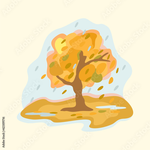 Autumnal landscape. Rainy weather. Yellow tree. Vector isolated illustration.